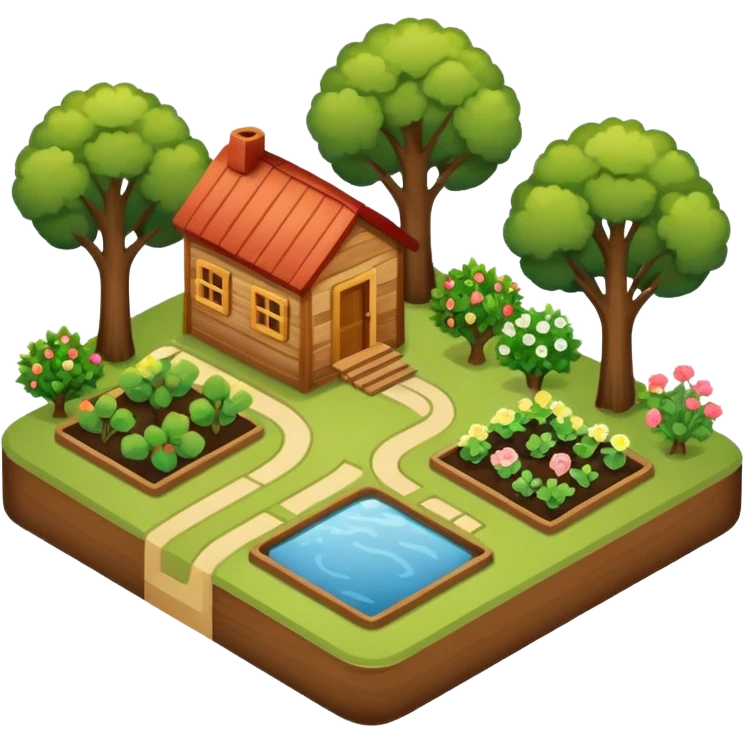 An icon featuring a local map, symbolizing local gardening. The design includes a different trees, and 1 tiny wooden house, shrubs, beds. Transparent background emoji
