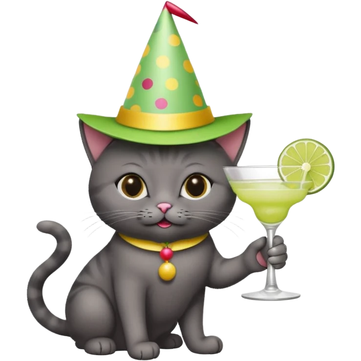 A dark grey cat is wearing a party hat, and drinking a margarita. emoji