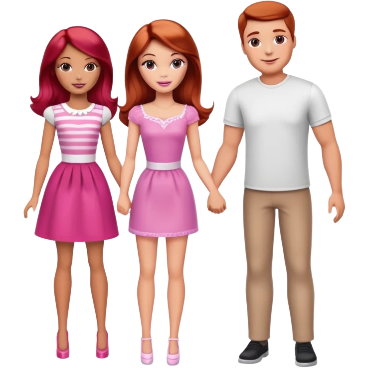 A barbie girl with makeup with brown hair with a child, a daughter, a girl with red hair, holding her hand in  and a husband, a man with brown hair, a family emoji