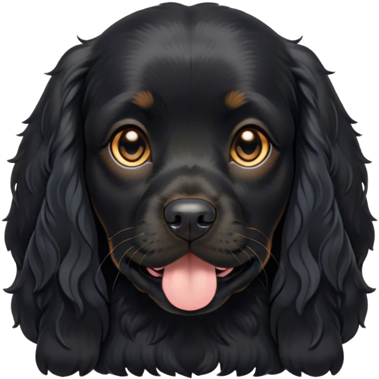 Cinematic Cute Black Cocker Spaniel Portrait Emoji, Head tilted playfully and inquisitively, featuring a glossy black coat with delicate tan accents, round, sparkling dark eyes brimming with curiosity, Simplified yet irresistibly adorable features, highly detailed, glowing with a warm, friendly glow, high shine, affectionate and lively, stylized with a touch of whimsy, bright and endearing, soft glowing outline, capturing the essence of a mischievous yet loving pup, so playful it feels like it could bound out of the screen and into your arms! emoji