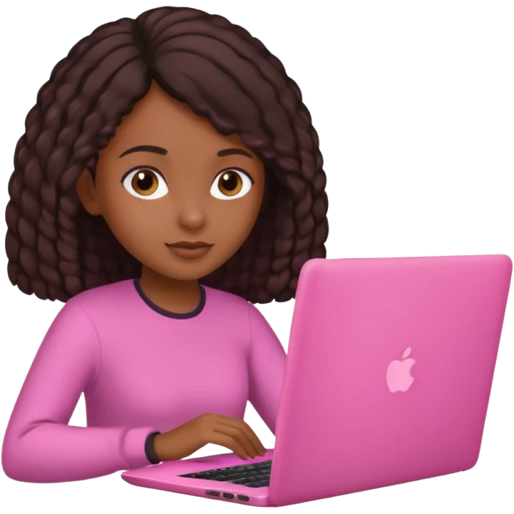 Dark brown girl with type 4 hair doing work on pink laptop emoji