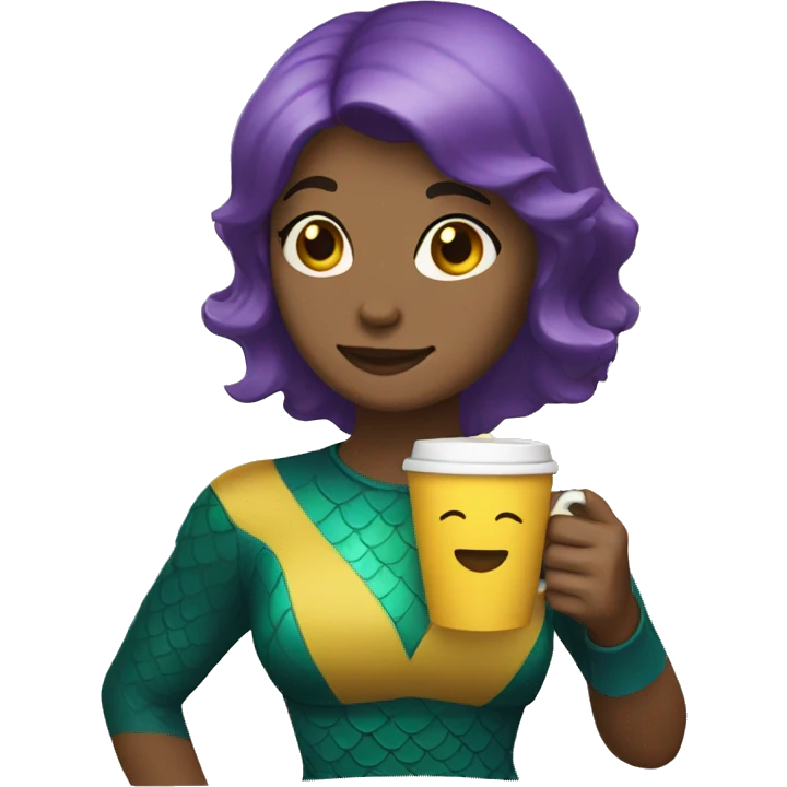 mermaid with short bob haircut, brown hair, holding a cup of coffee in a yellow package and with a purple tail emoji