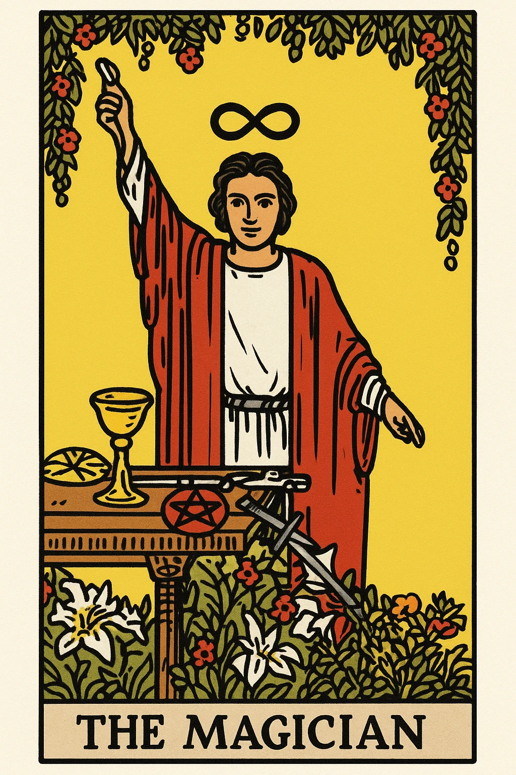 The Magician tarot card emoji in Rider Waite Smith style, confident magician with infinity symbol above his head, traditional tarot card colors and details, white background emoji