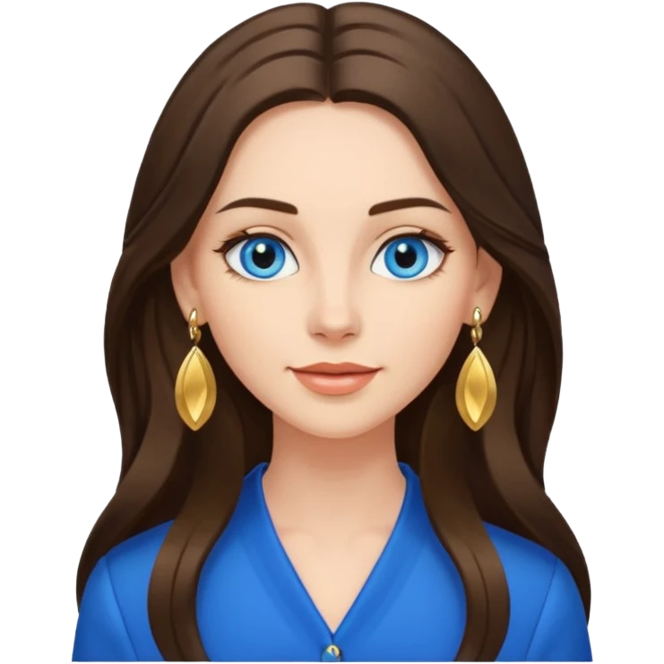 
Create an emoji of a brunette with blue eyes. She should have long hair, stylish clothing, and a friendly facial expression. Add some accessories like earrings or glasses to make the look more interesting. emoji