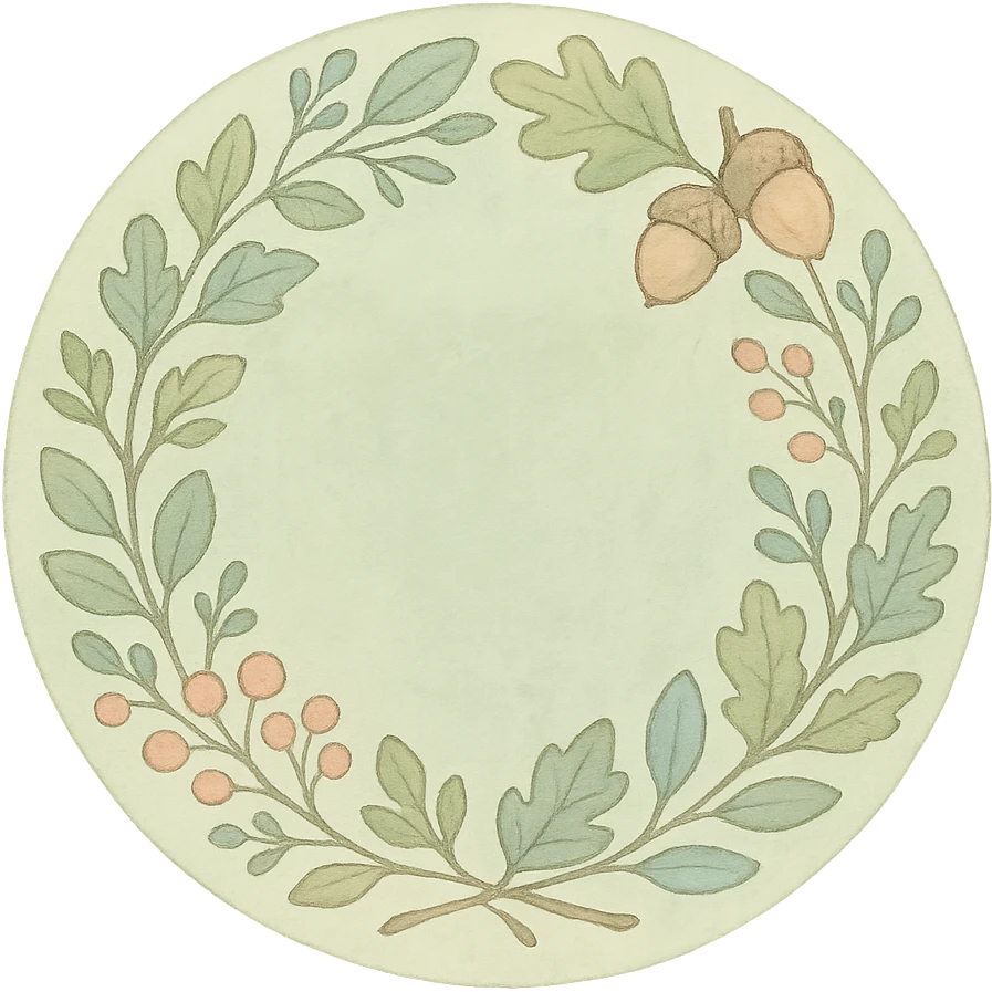 wreath of forest leaves, acorns, and berries in soft pastel Ghibli style, soft green circle sticker, transparent background emoji