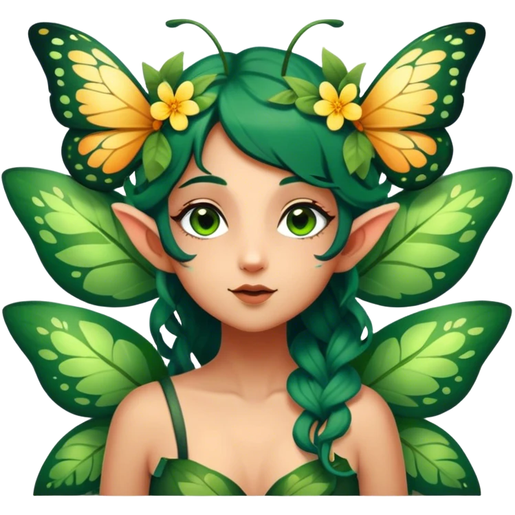 Cinematic Realistic Forest Fairy Portrait, head tilted playfully and inquisitively, showcasing a nature-inspired form with intricately detailed, sunlit tanned skin and cascading dark green hair interlaced with leaves and blossoms showing her large butterfly wings from her back. Her bright, curious eyes sparkle with forest mischief, rendered with lifelike clarity and warm, dappled lighting that captures the spirit of an enchanting woodland fairy ready to dance among the trees. emoji