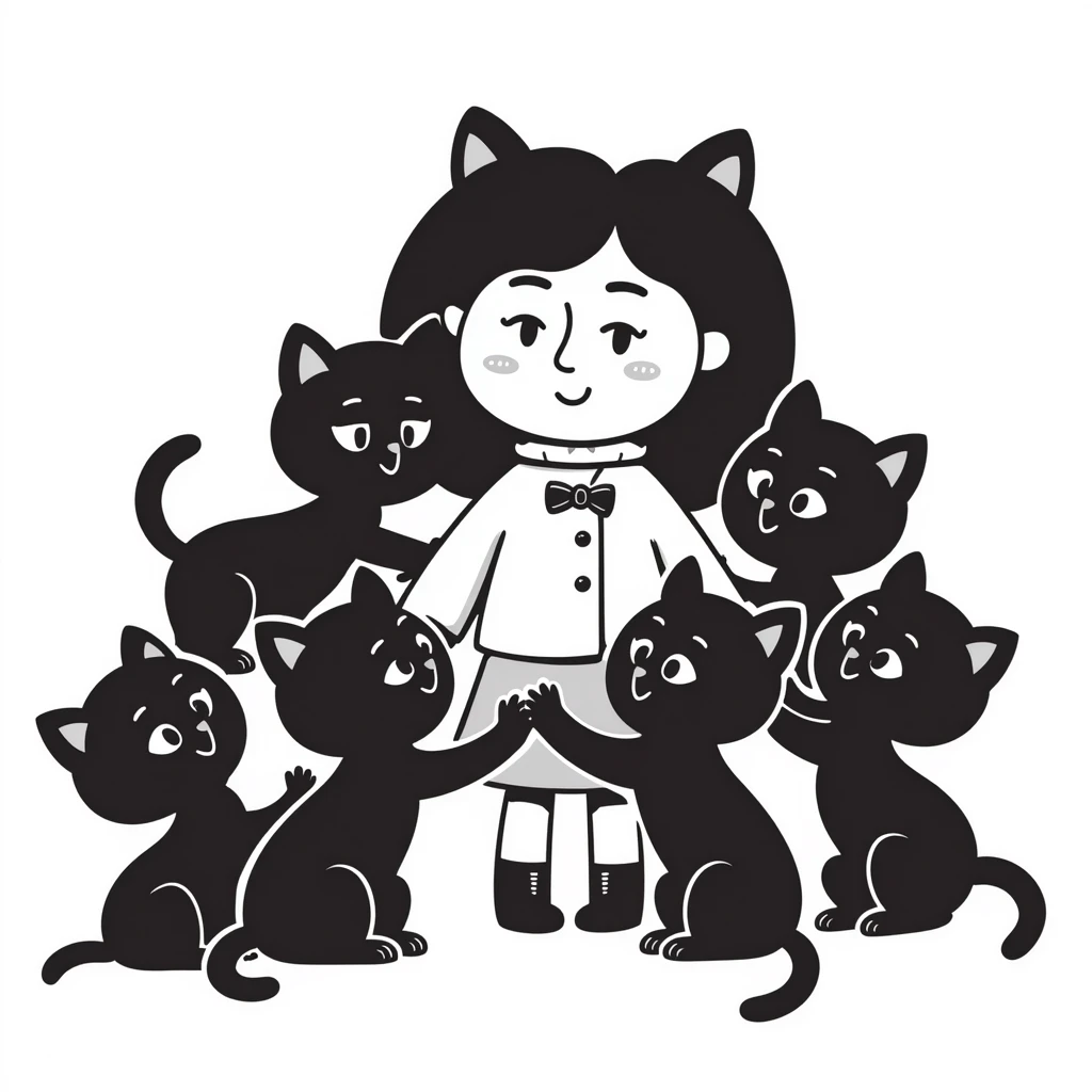 ten cute kittens playing with a doll, hand drawn notion style doodle emoji
