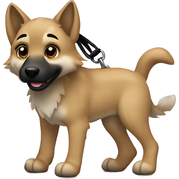 4 short legs a light brown puppy-like wolf with black  ears with black leash  is walking emoji