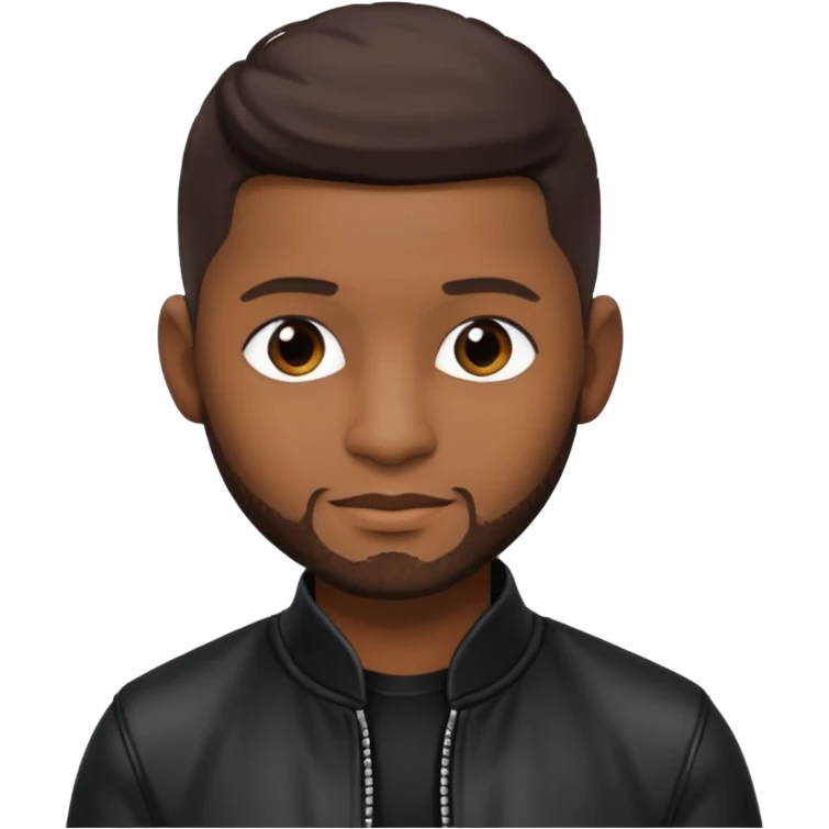 Usher with dark brown hair, vinyl black outfit emoji