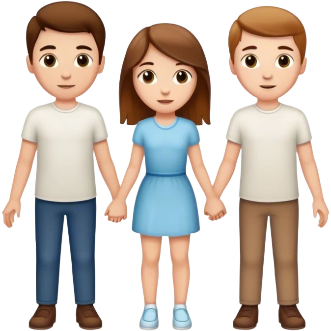 A white girl and two white boys holding hands all with brown hair emoji