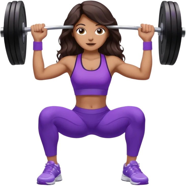 mujer de tez trigueña, con cabello castaño oscuro ondulado no muy marcado, hasta la cadera super largo estilizado, con ropa deportiva morada/lila, tenis blancos deportivos y levantando una pesa emoji