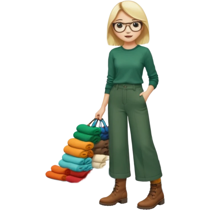 Fille blonde, pantalon ample vert foncé. Lunettes ronde fine. Bottines marrons. Elle pousse une cargaison de chaussettes  emoji