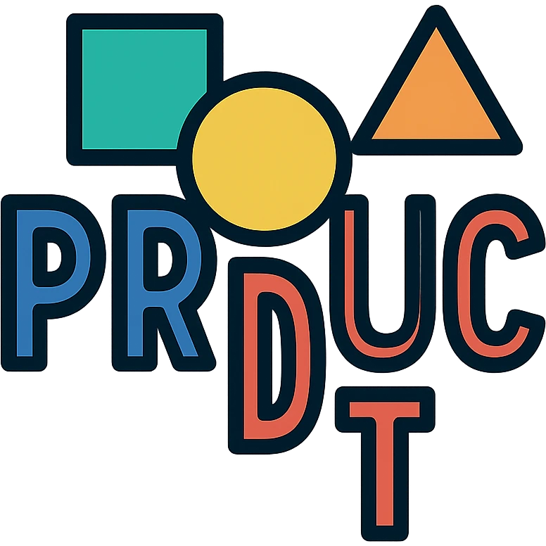 the word PRODUCT in blue and red, with geometric shapes, contemporary icon style emoji