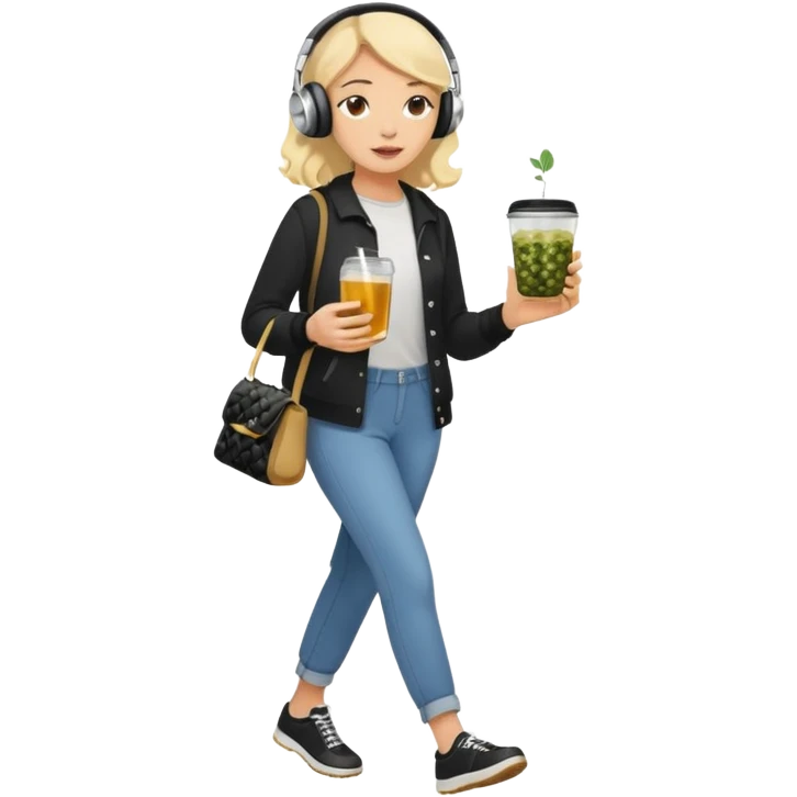 a young woman full length walks with headphones on with a caviar sandwich in one hand and herbal tea in the other hand emoji