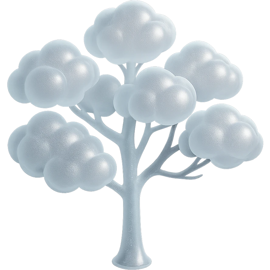 one tree with many branches and a white trunk, crown made of small very bright white fluffy convex clouds, matte glass style emoji