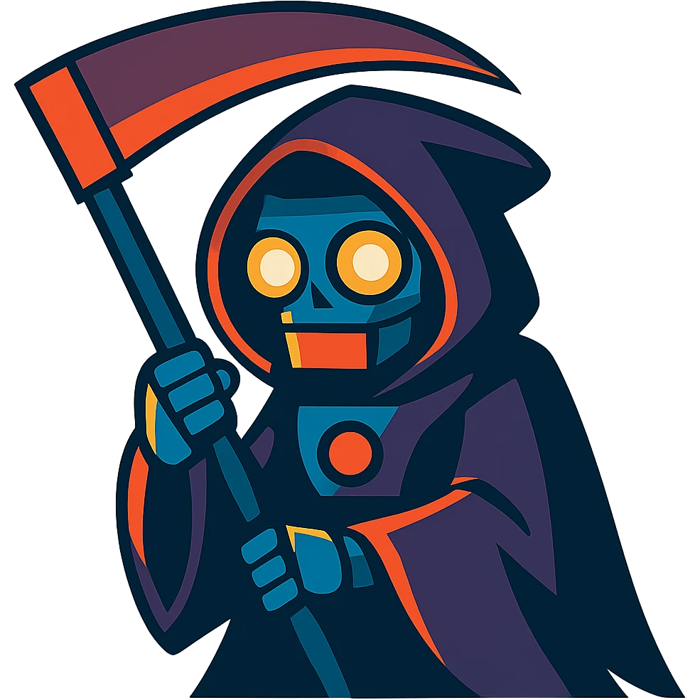 vibrant toon style AI robot as the Grim Reaper with dramatic lighting, glowing eyes, holding a scythe emoji