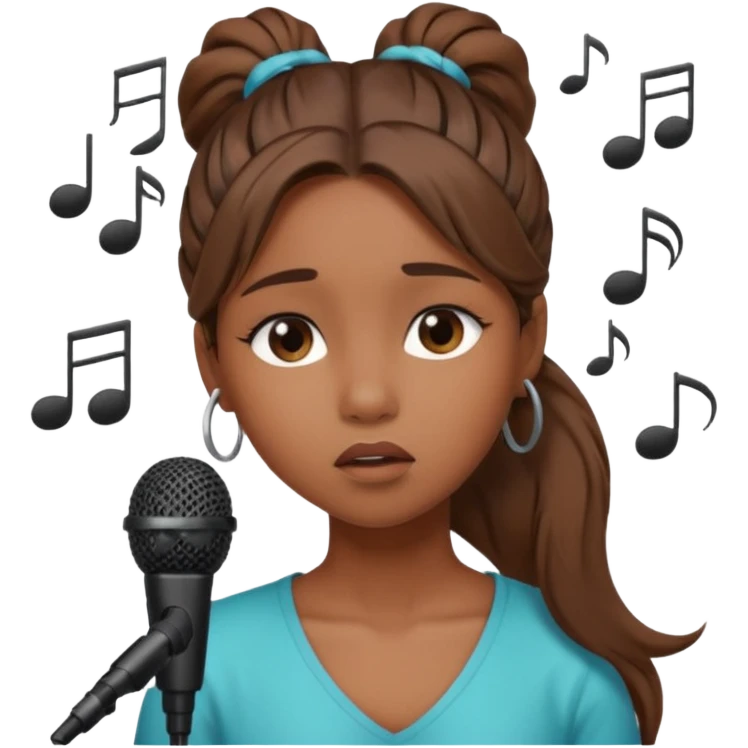 Brown skin girl with a long ponytail singing into a microphone looking sad with music notes coming out emoji