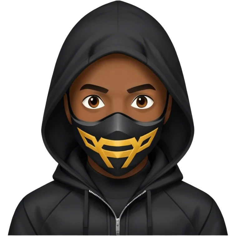 man with black hooded jacket and a black full-face geometric mask emoji
