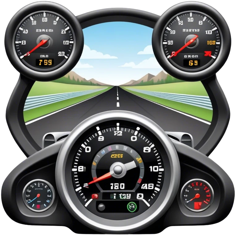 An icon showing a racing game interface, inspired by Grand Turismo. The design features a garage with a selection of high-performance cars, along with race track visuals in the background. Speedometer, lap timer, and other HUD elements add to the excitement. Transparent background emoji