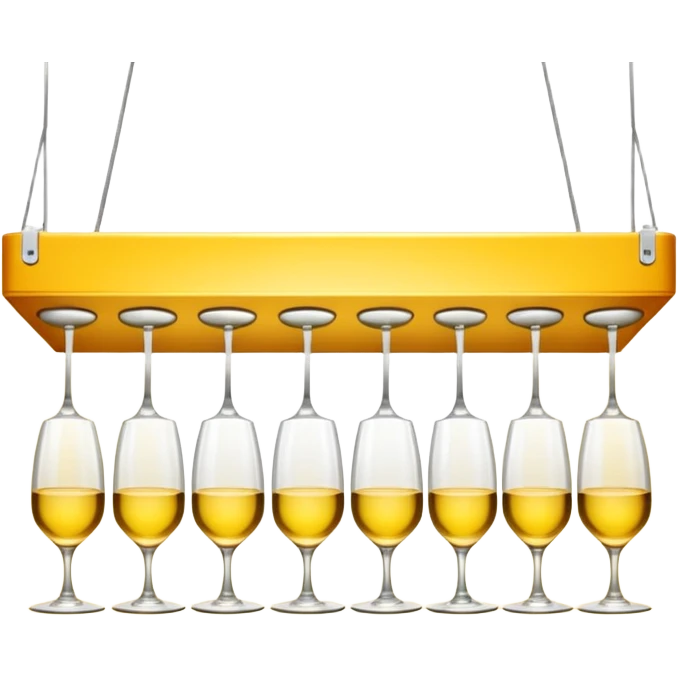 A row of hanging wine glasses upside-down under a yellow light shelf
 emoji