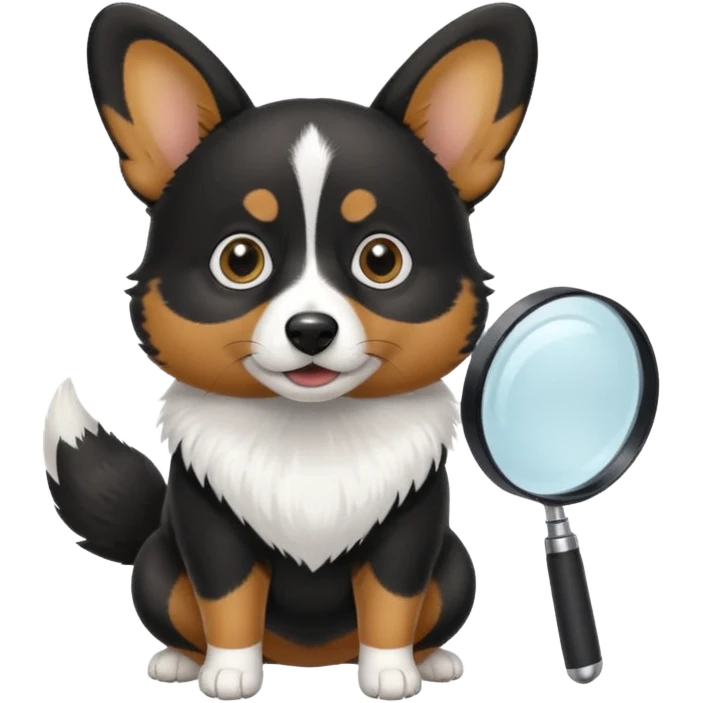 black corgi with magnify glass emoji