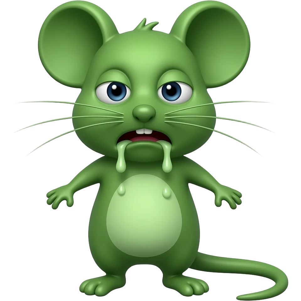 A little green mouse standing upright, with arms and legs that look like those of a little person, staring at us with revolting face on its face. He's going to throw up .The mouse’s body is entirely green. emoji