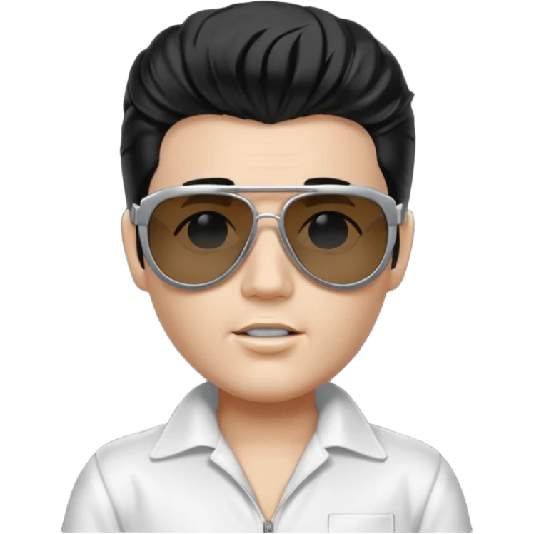 A boy with an Elvis Presley mask with sunglasses (with total black lenses)dressed as Elvis Presley (white dress) emoji