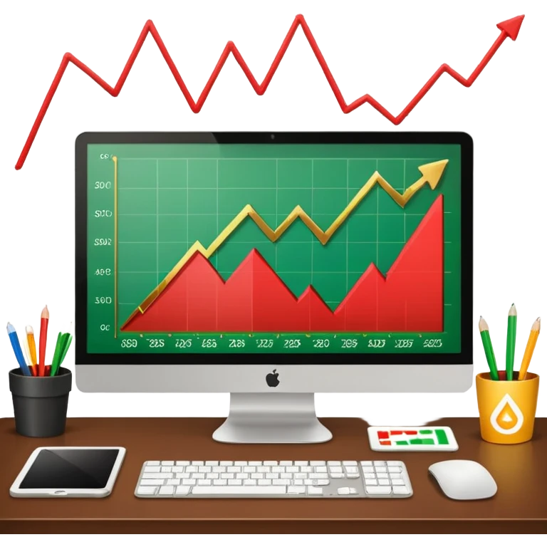 Mach mir einen schreibtisch mit einem bildschirm drauf wo mann einen Chart sieht von Gold emoji