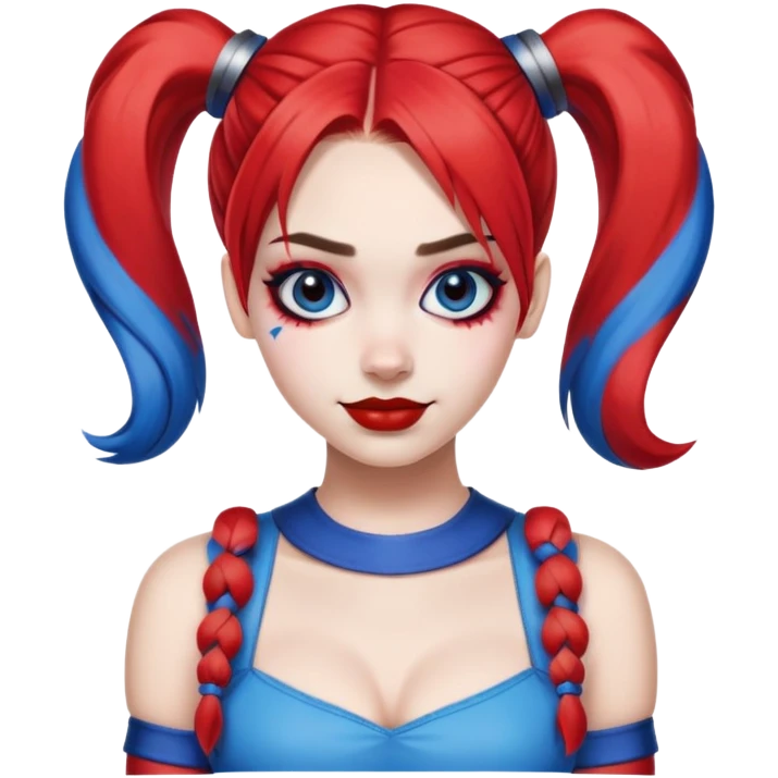 hair styled like Harley Quinn with red and blue pigtails emoji