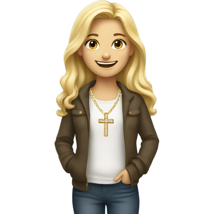 smiling blonde girl with cross necklace emoji