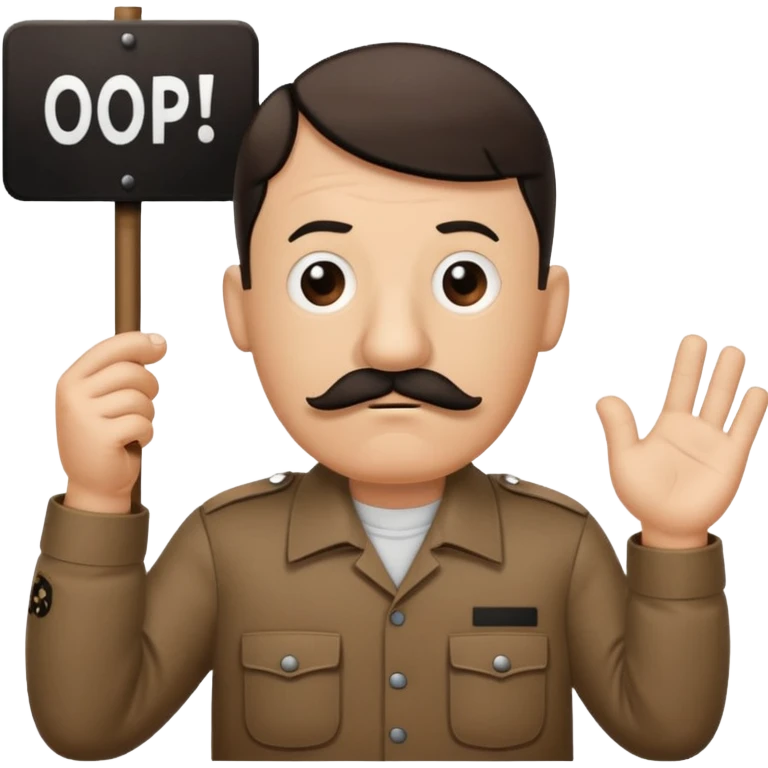 Adolf Hitler as a Mr. Men character, funny and cartoonish, with a small mustache and a confused expression, wearing a brown shirt and holding a sign that says 'Oops' emoji