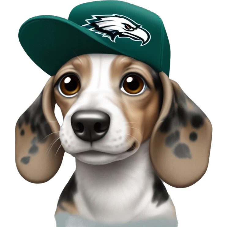 Miniature Tri Merle Dachshund wearing Philadelphia Eagles Hat with C on Jersey emoji