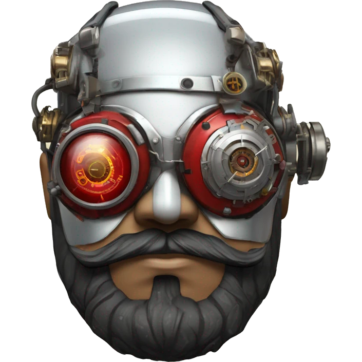 Fat cyborg head with red silver steampunk goggles, black beard and circuits emoji