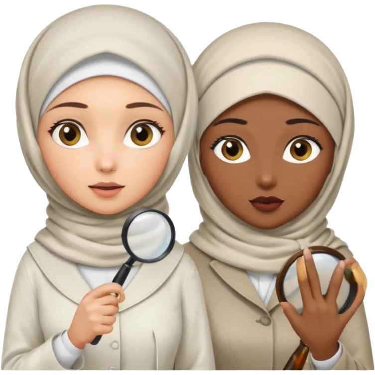 one wite hijabi one dark skin with her hair  out and hand lens and hat like true private inbestigators emoji