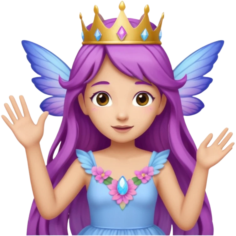 Tan female fairy, long  purple hair, crown of flowers on head,  pastel pink blue and purple wings, wearing a, pastel pink dress, Waving with one hand emoji