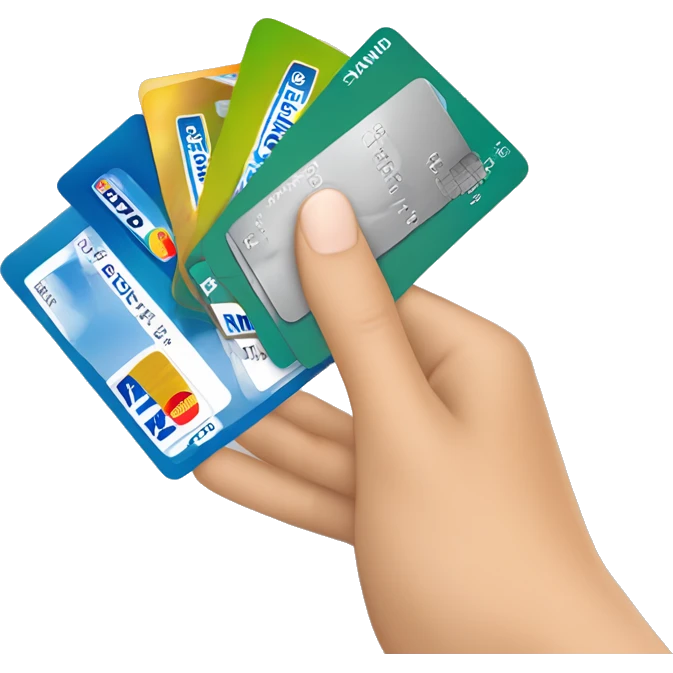 a hand holding 5 credit cards, emv chip, credit card, debit card, amex platinum, American express emoji