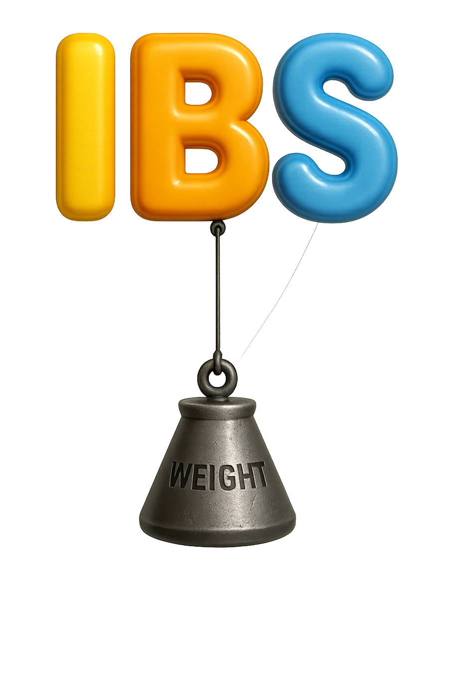 emoji stile iphone della parola "IBS" sospesa in aria con zavorra attaccata sotto che la fa cadere per il peso, iperrealistico 4k emoji