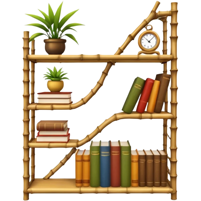 Twisted bamboo shelving unit with books and decorative items emoji