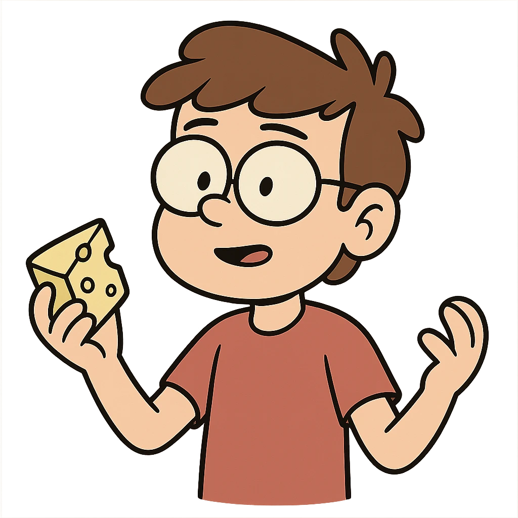 cartoon boy with brown hair, brown eyes, glasses, holding a piece of cheese, flat toon style emoji