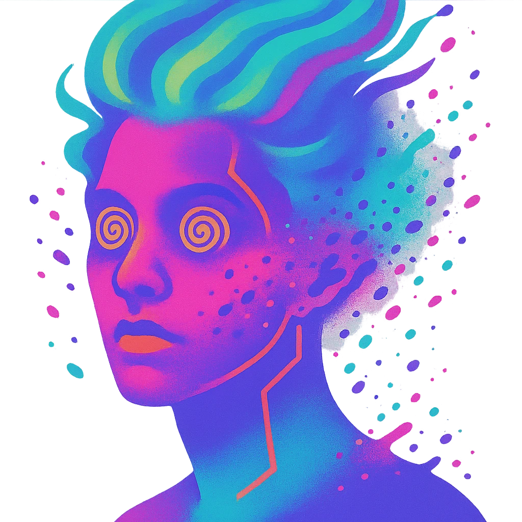 surreal portrait of a person with neon skin, face dissolving in an explosion of colors, airbrush effect, hair as swirling liquid color streams like northern lights, hypnotic spiral eyes, geometric elements along face contour, paint particles flying away, acid purple, turquoise, and electric pink blending, sense of movement emoji