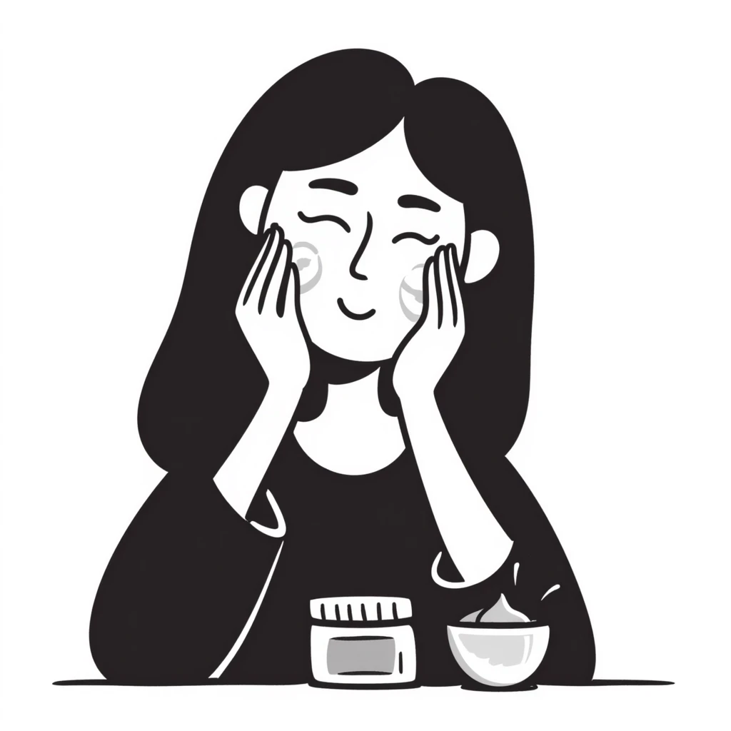 moça aplicando creme facial, linhas desenhadas à mão, visual leve emoji