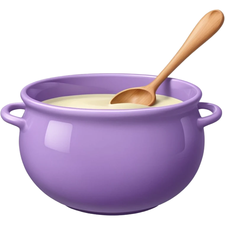 a lilac ceramic mixing bowl with a wooden spoon stirring emoji
