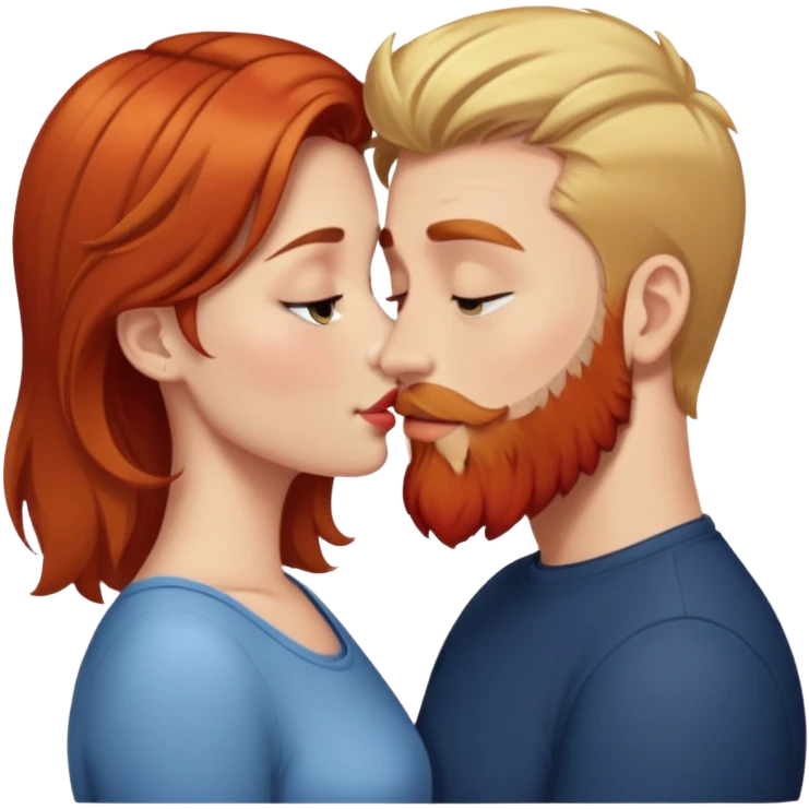 Girl with short brown hair kissing man with blonde hair and red beard. emoji