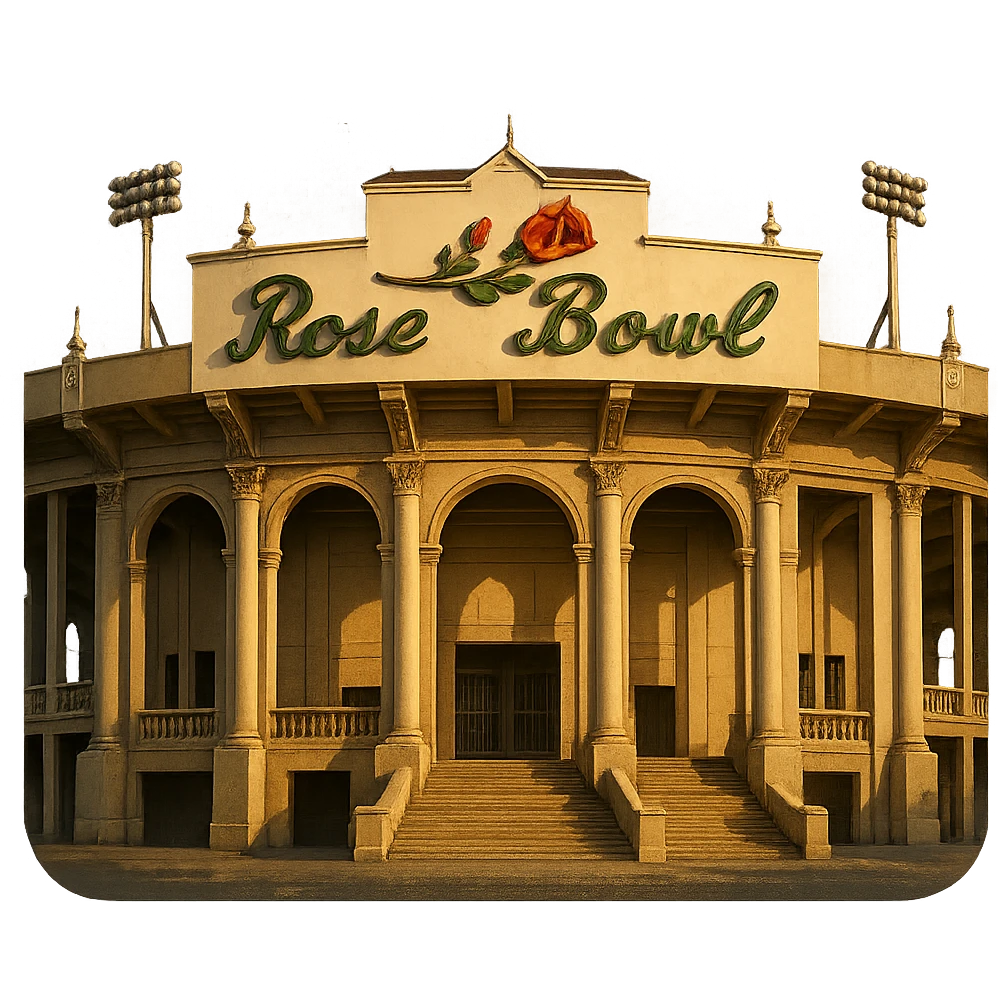 cinematic realistic emoji of the Rose Bowl Stadium with majestic ornate architecture, lifelike detail, regal lighting, including its iconic sign, accurate colors, transparent background emoji