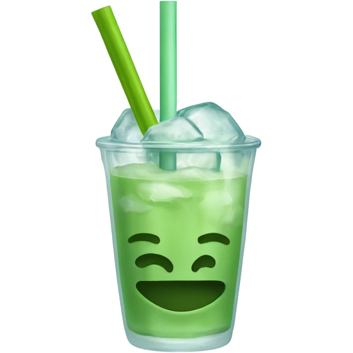 Clear glass cup about 12 ounce filled up with ice and Matcha, which is green and has a cute glass straw emoji