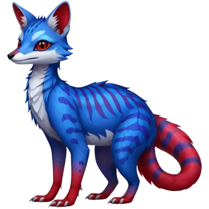 Feral Rare Fantasy vibrant cobalt-blue-crimson-red-gradients-colored colorful Vernid-Sergal-Genet-Trico-species by LiLaiRa, random markings, tufted tail, tufted ears, full body emoji