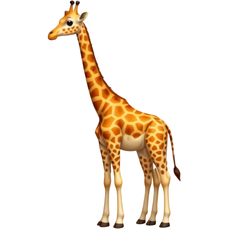 A tall 3D cartoon giraffe with orange and brown spots, long neck, small horns, and friendly eyes, standing in a sunny savanna, soft warm lighting, Memoji-style rendering. emoji