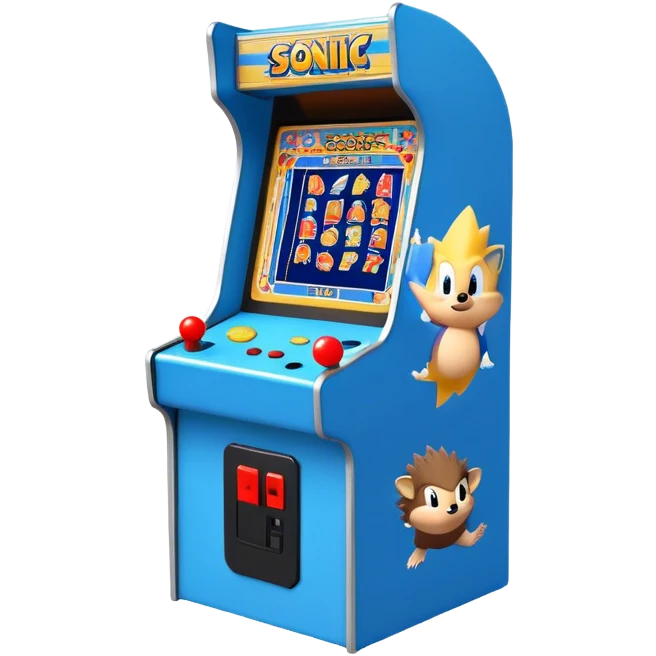 An icon showing a retro arcade screen with pixelated characters like a speedy hedgehog Sonic jumping and collecting coins. The game environment includes obstacles, power-ups, and vibrant colors, evoking the excitement and nostalgia of classic arcade games. transparent background. emoji