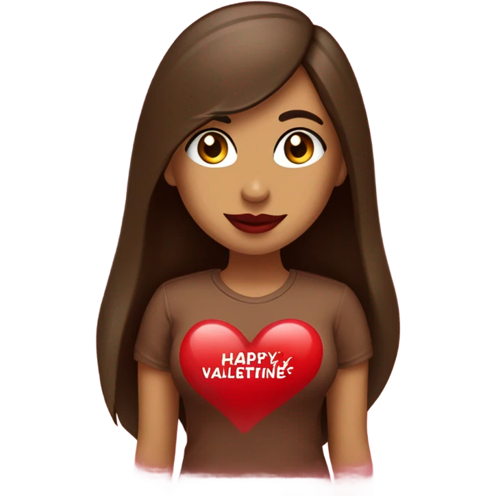 light brown lady, dark brown long straight hair, red lips, eyelashes, wearing red “happy Valentine’s Day” t shirt emoji