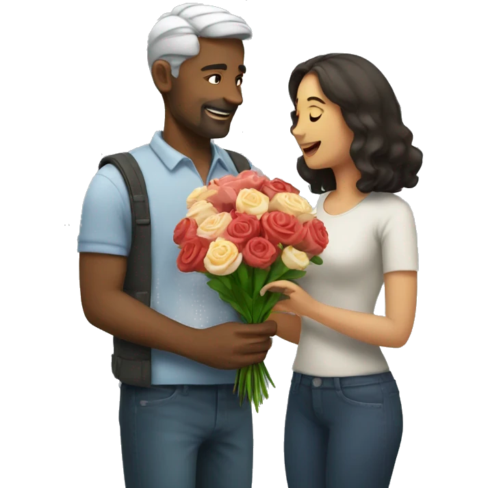 A man giving a woman flowers emoji
